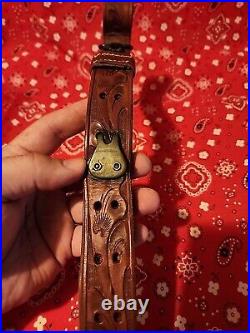 Vintage George Lawrence 5f Heavily Tooled Leather Buckle Rifle Sling W Swivels