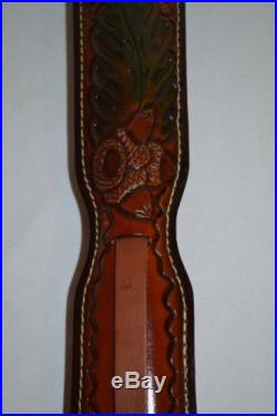 Vintage HUNTER Carved Leather Rifle Gun Sling w Deer Head & Padded Shoulder