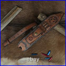 Vintage Leather Rifle Sling 308win Ammo Carry Strap Knife Sheath Pocket-TOURBON