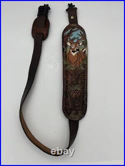 Vintage STALKER tooled Leather white tail deer embossed leather rifle sling