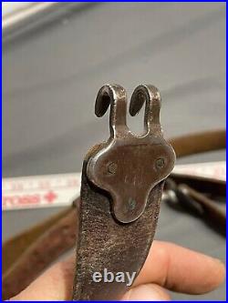 Vtg WWI WWII leather 1.25 wide RIFLE SLING steel hook M1907 M1903 Garand Spring
