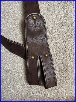 Vtg leather Long Gun Sling Brown Heavy Duty Riveted Together SilverTone Buckle
